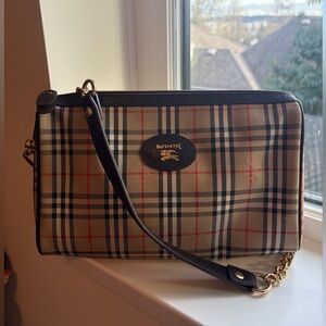 Burberry Tan Check bag with Black Trim and Gold Hardware strap